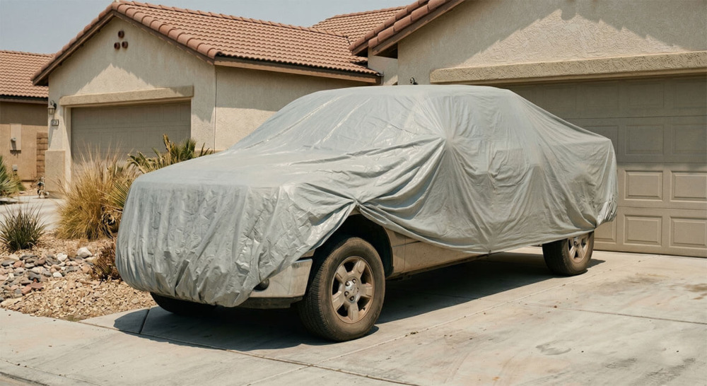 A cheap, ill-fitting gray car cover sagging over a pickup truck in a dry California driveway