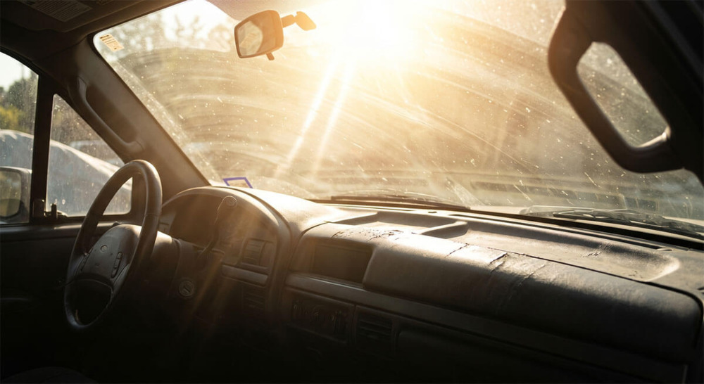 Harsh sun glare streaming through the windshield of a Ford F-150 cabin under the Sacramento, California sun