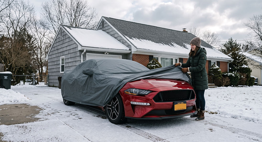 Petite woman easily fitting a DaShield car cover over a red Ford Mustang GT in a snowy New York driveway