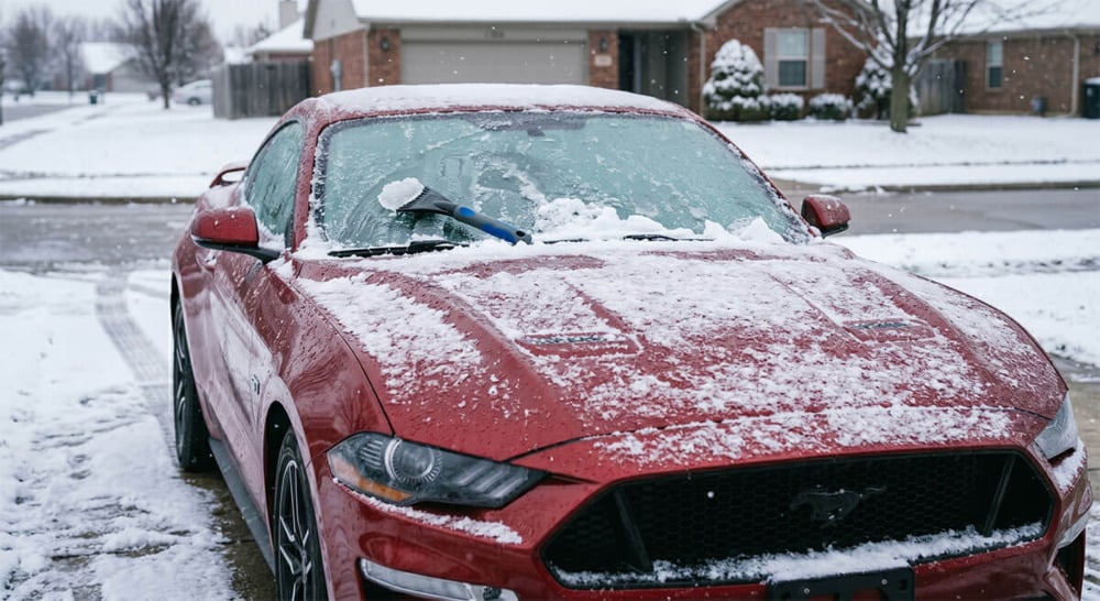 A red Ford Mustang GT with a frozen, snow-covered windshield and an ice scraper on a cold New York winter morning