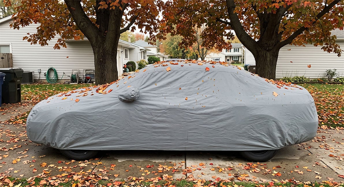 Sedan car cover covered in fallen maple leaves and tree sap in a driveway under two maple trees