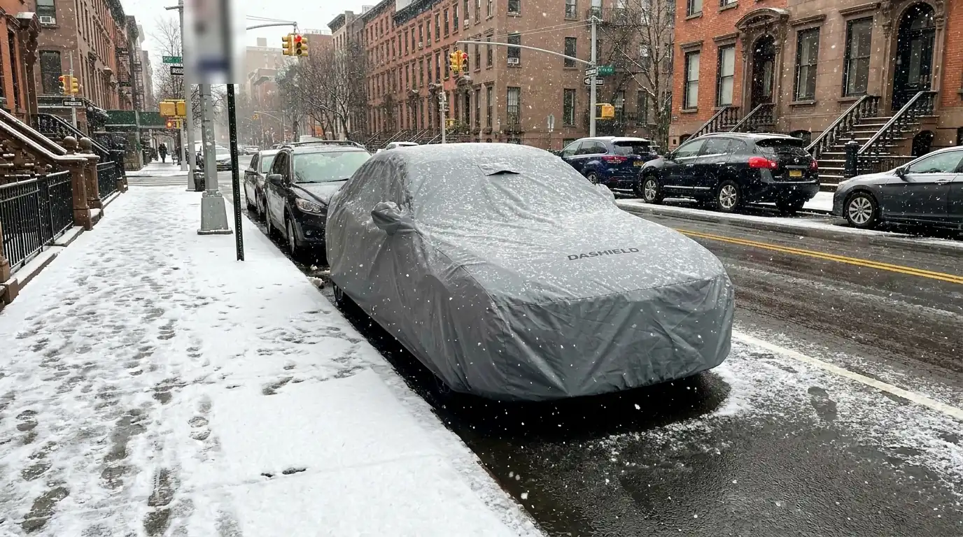 Car under a DaShield cover parked on a snowy city street