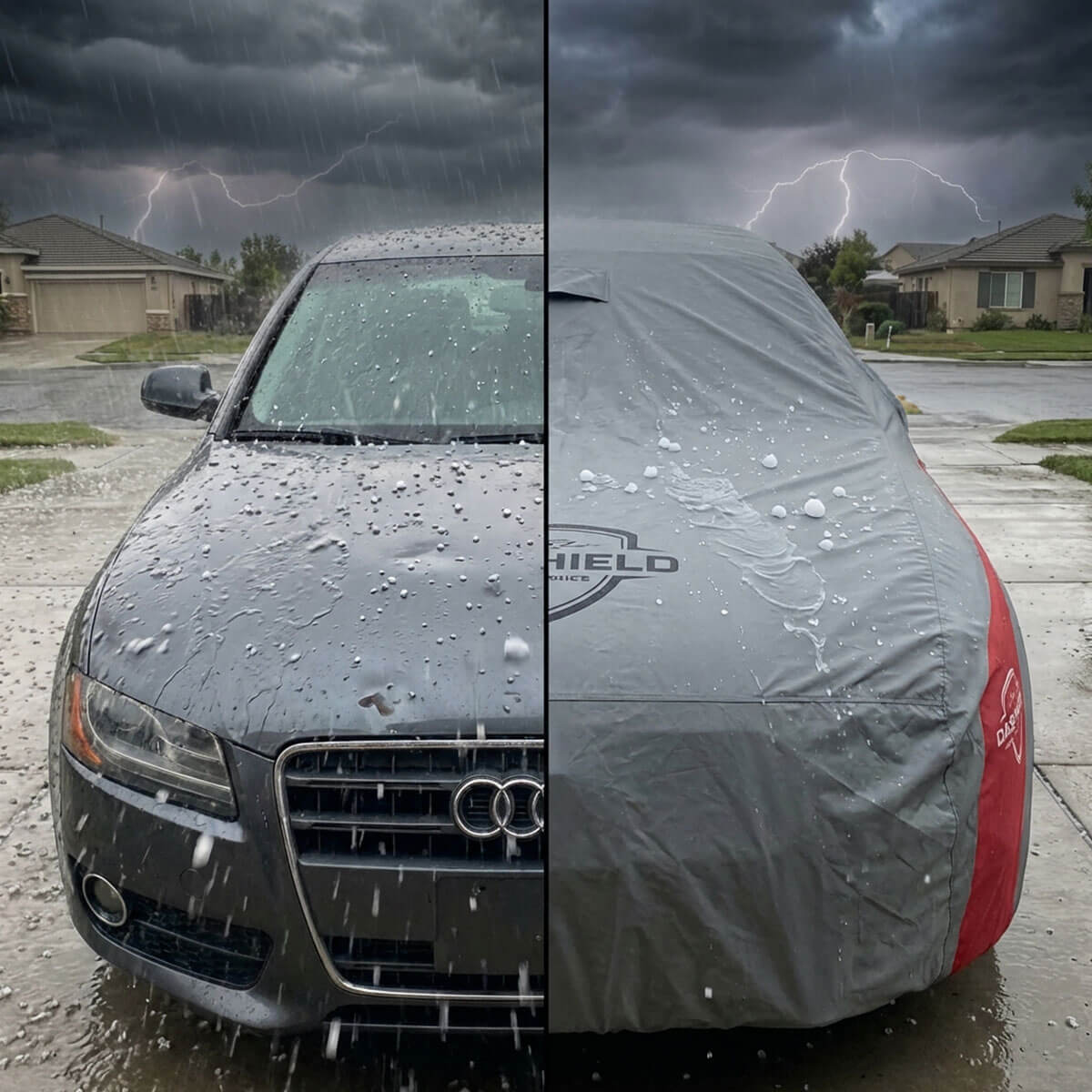 Storm frame: rain striking an uncovered bonnet versus running off a covered car