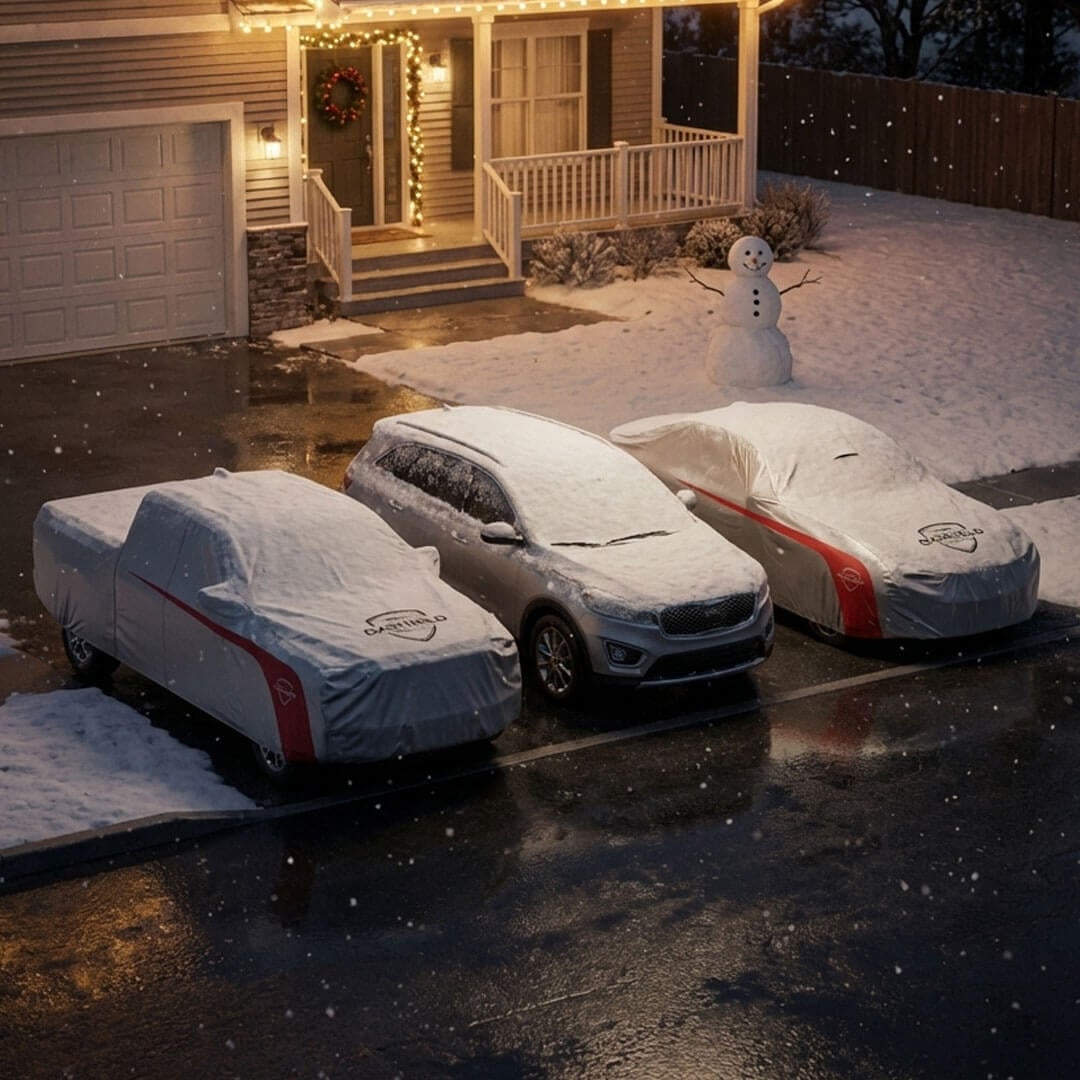 Covered cars shedding snow beside an uncovered car buried under it