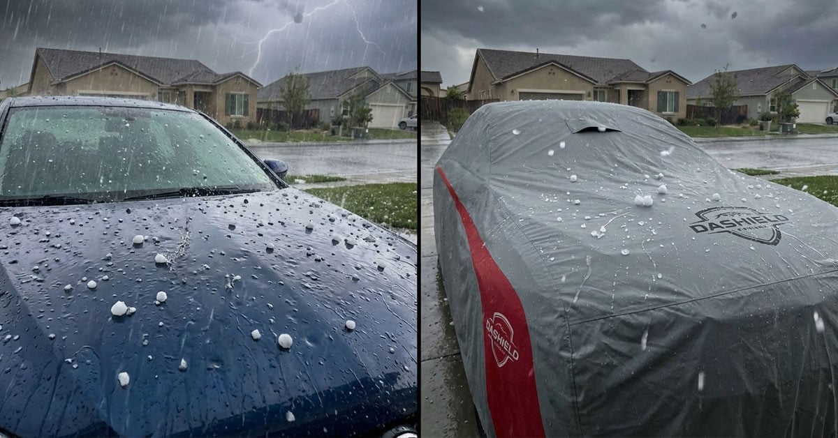 Storm frame: rain striking an uncovered bonnet versus running off a covered car