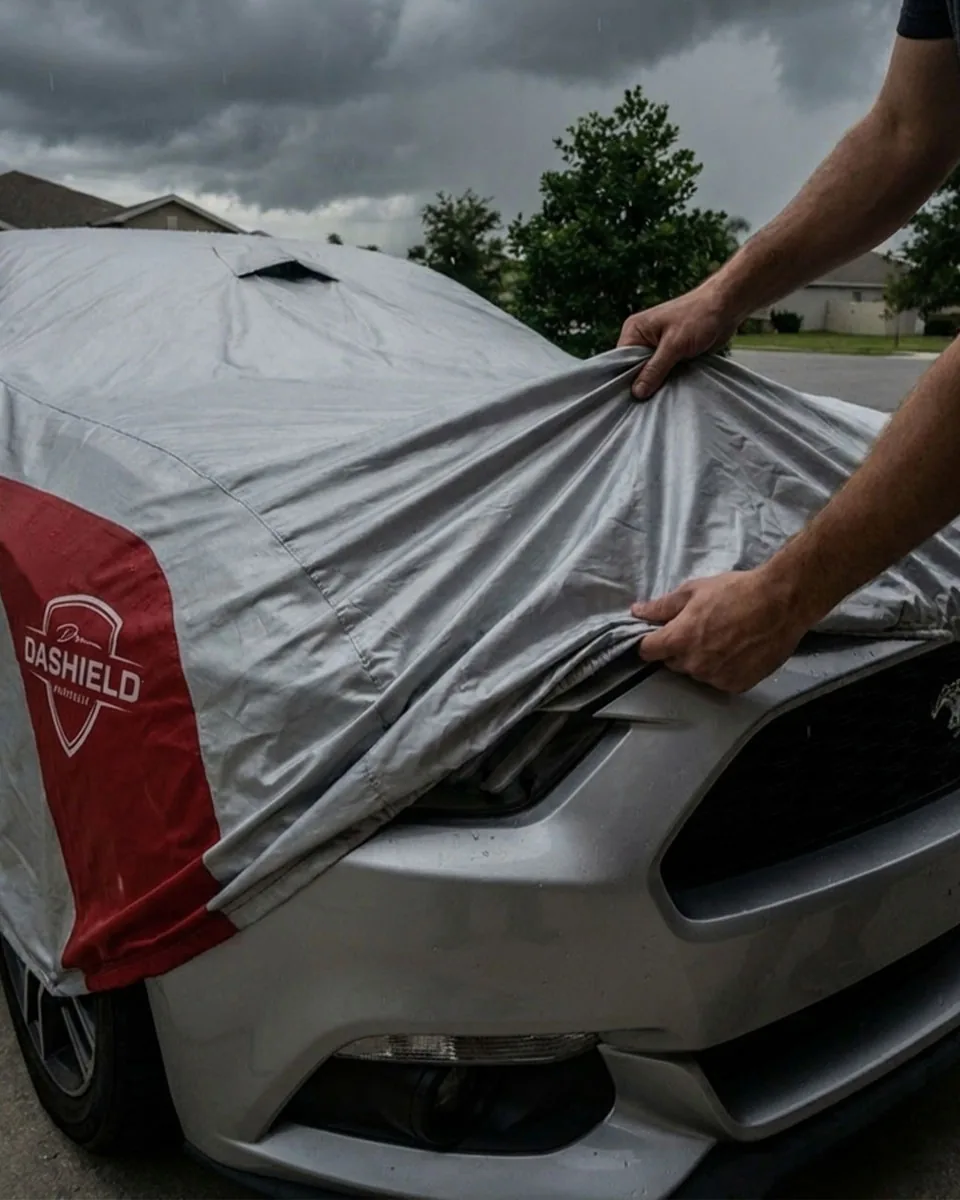 Hands pulling the elastic hem of the Ultimum Lite cover down over the front bumper