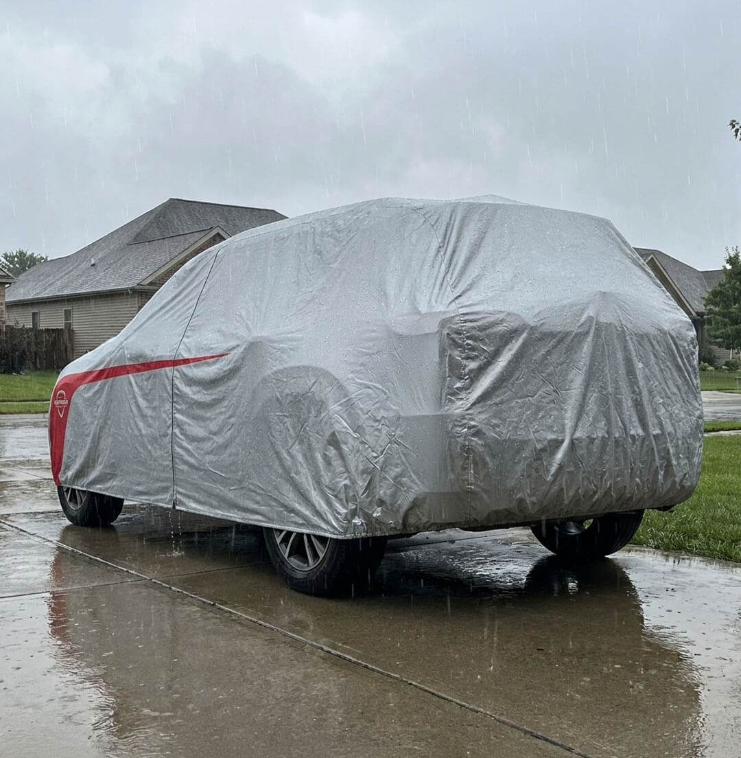 Ultimum Lite SUV cover shedding heavy rain on a driveway