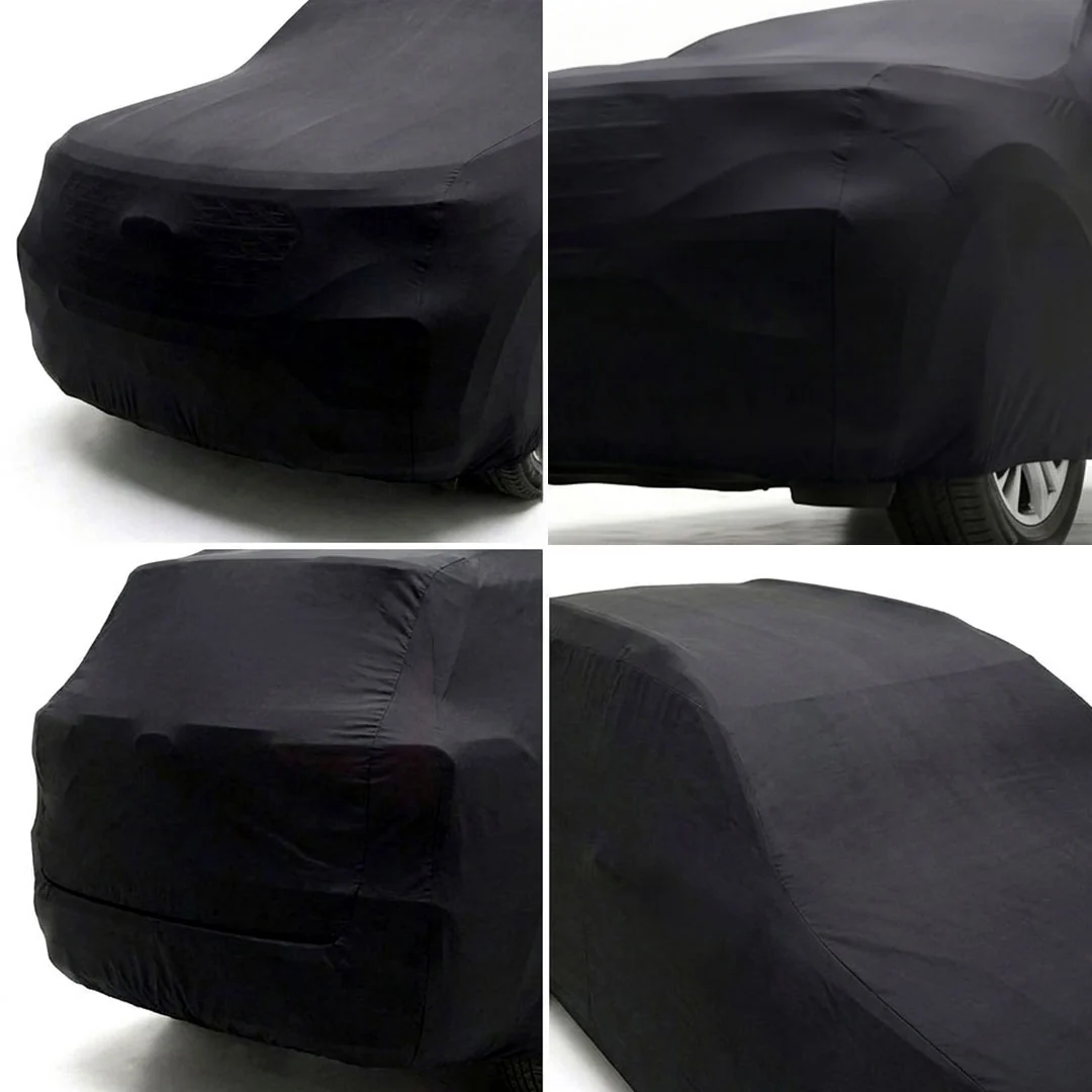 Four detail views of the fitted satin cover: bumper, rocker line, rear hatch and roof