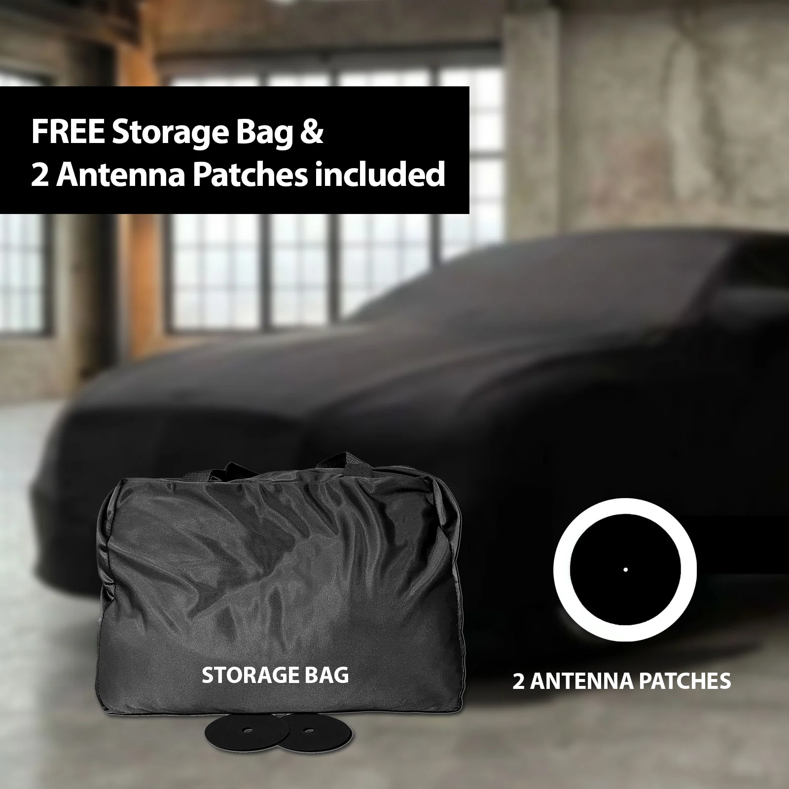 Free storage bag and two antenna patches included with the cover