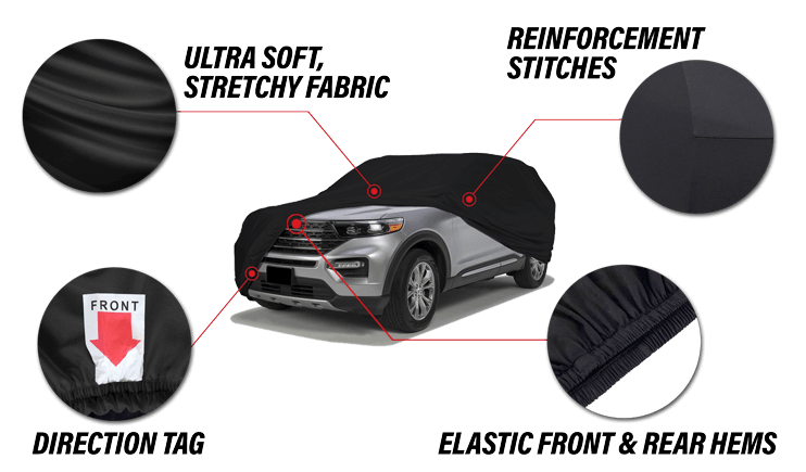 Four protection callouts on an SUV under a satin cover: scratch resistant, dustproof, highly breathable and tailored fit