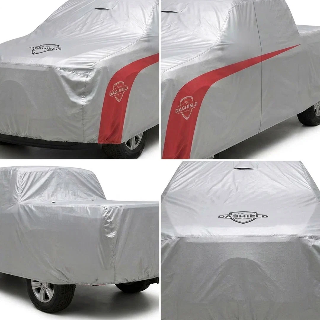 Four detail views of the fitted cover: hem, cab corner, bed rail and roof