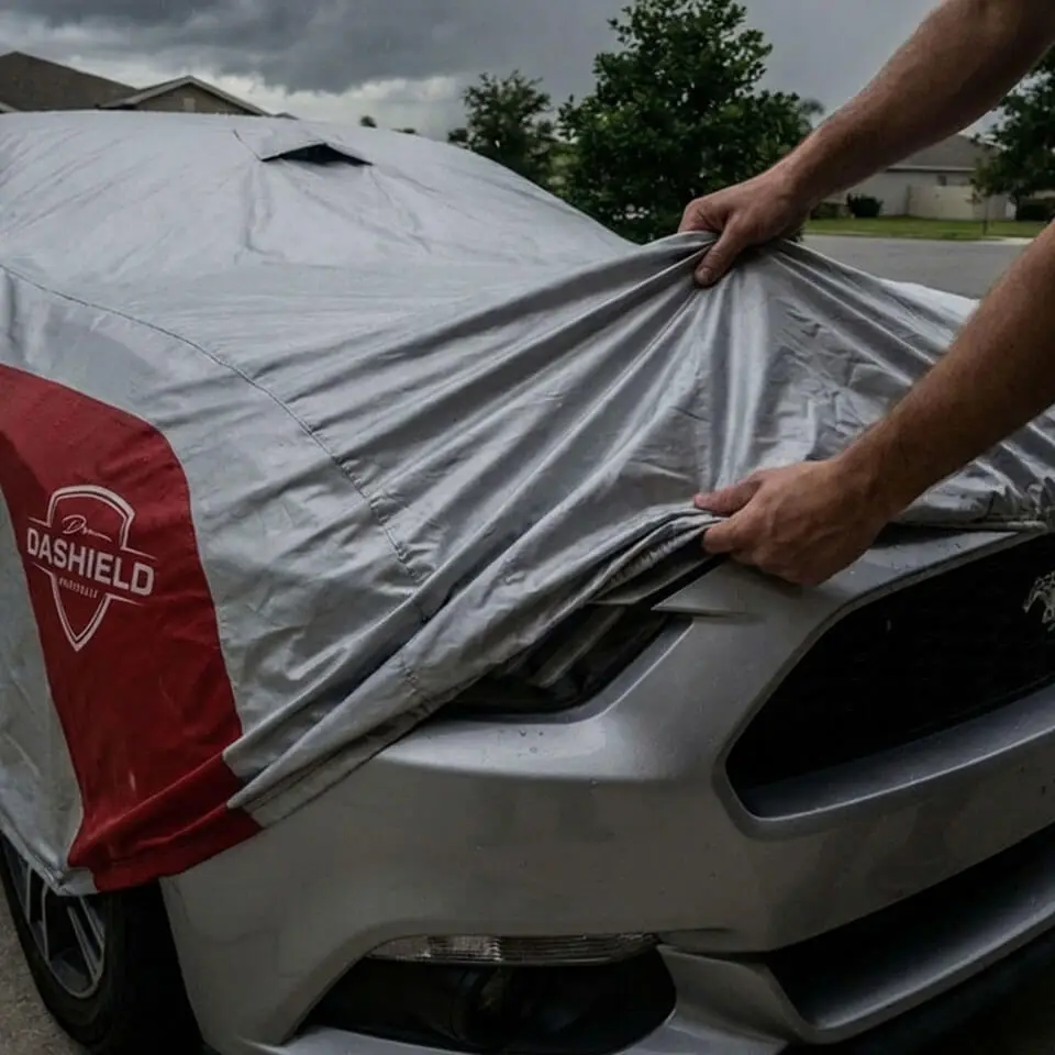 Hands pulling the cover taut over the front bumper in the rain, seam holding shape