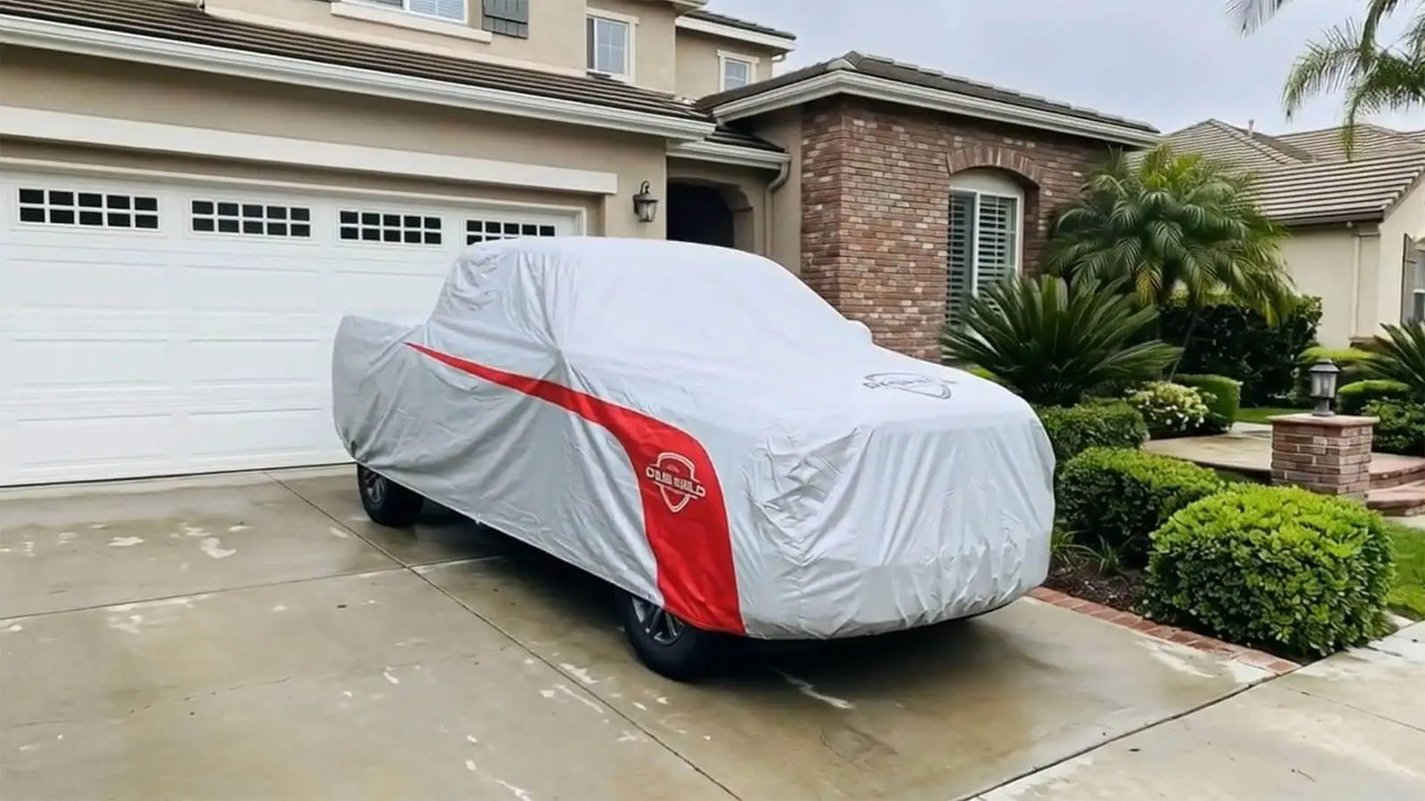 DaShield Ultimum Lite cover on a Ford F-250 1999 Regular Cab Long Bed(8 ft) in a wet driveway, hem below the rockers
