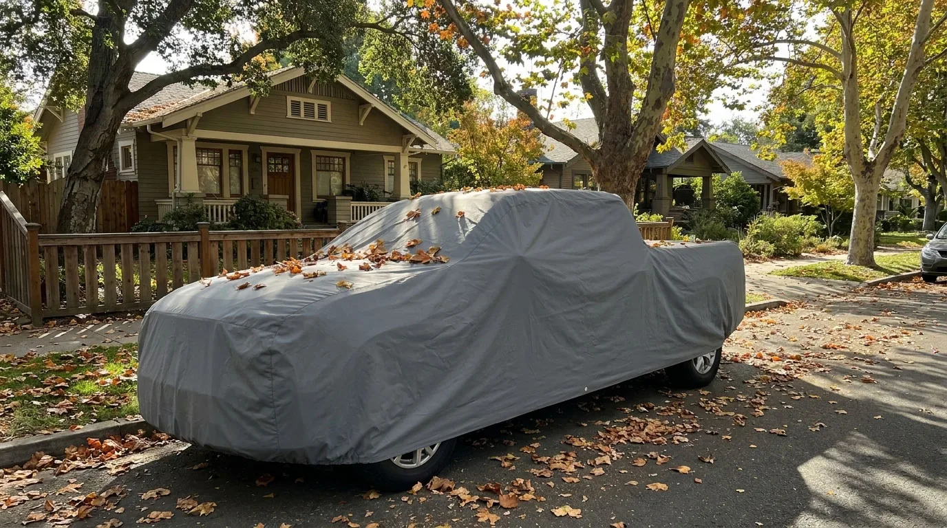 WeatherTec UHD cover on a truck parked under trees in the rain