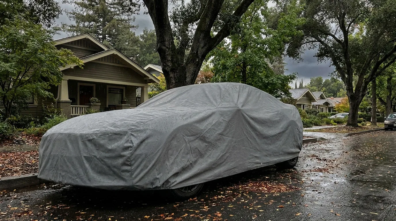 WeatherTec UHD cover in the rain reaching past the rocker panels
