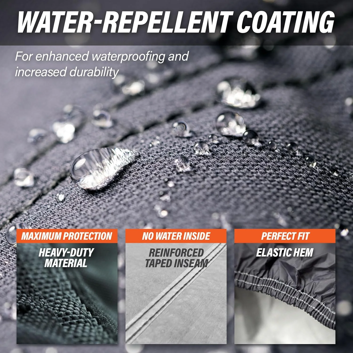 Water-repellent coating with heavy-duty material, reinforced taped inseam and elastic hem