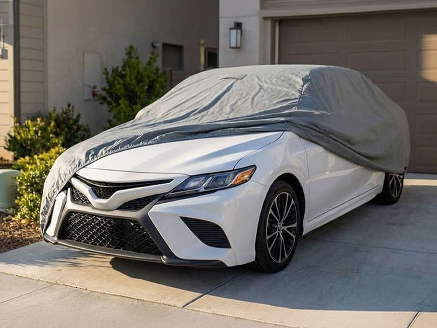 Covered car holding leaves on the surface, paint protected underneath