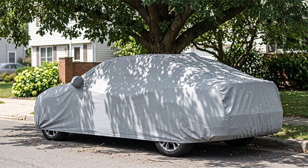 Car cover shielding a sedan parked under a tree from bird droppings and tree sap