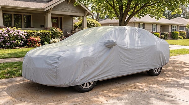Car cover keeping dust and pollen off a sedan parked in a residential driveway