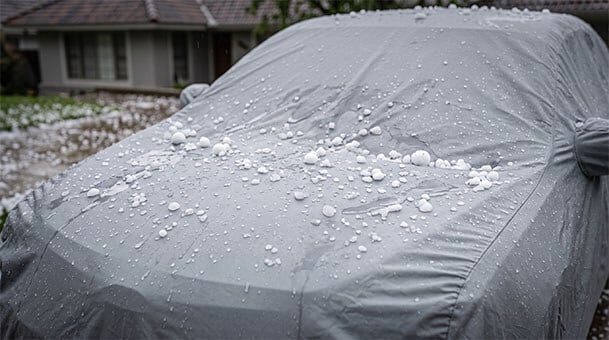 Hail bouncing off a padded car cover during a storm
