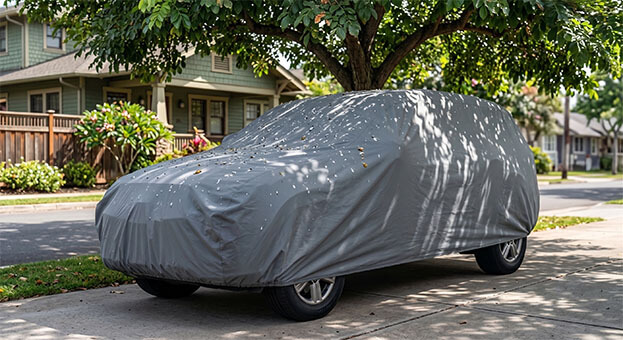 Dust and debris blowing against a covered van