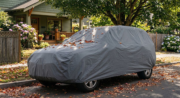 Autumn leaves resting on a covered van instead of the paint