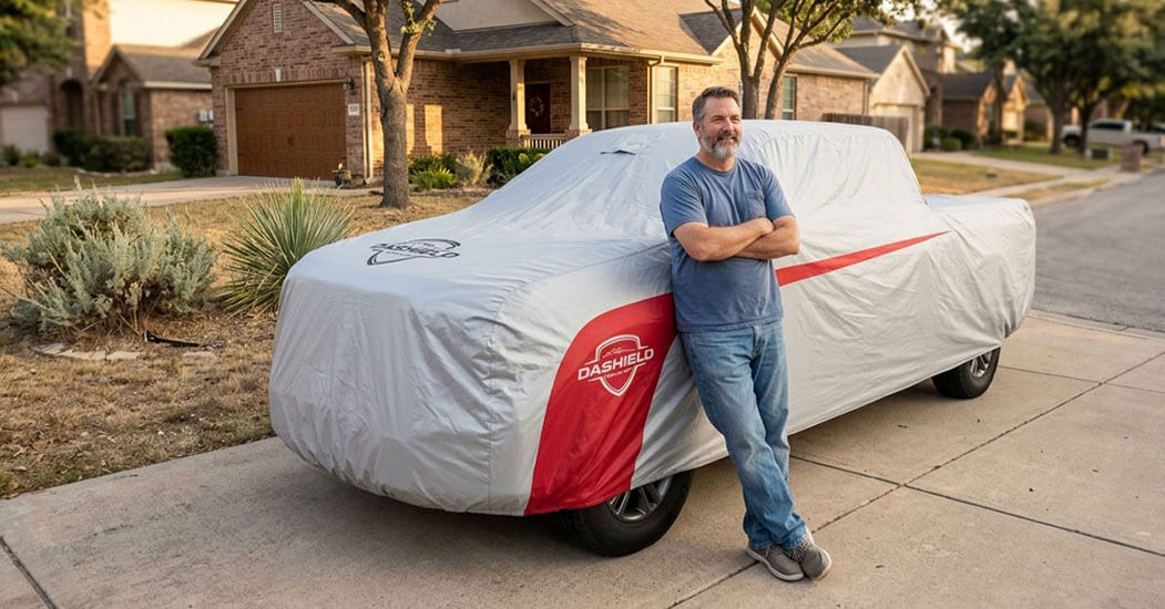 Truck cover being drawn over a Ford F-150 mid-install, driver side still open for access
