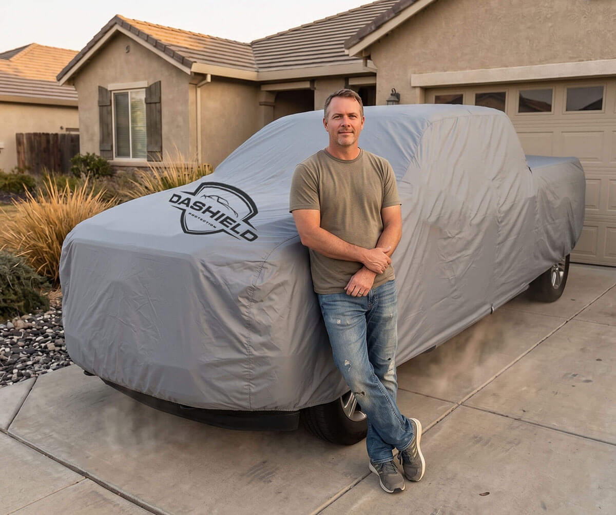 A man leaning against his Ford F-150 covered with a gray DaShield outdoor car cover in a sunny Sacramento, California driveway