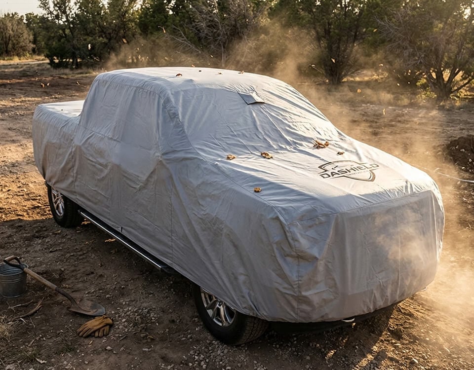 Outdoor car cover protecting paint from desert sun
