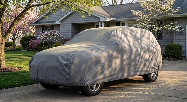 Dust and pollen sitting on an SUV cover